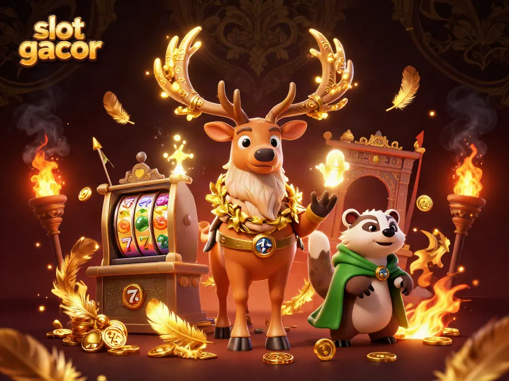 Play exciting slot gacor games with vibrant characters and dynamic casino elements depicted in a colorful scene.