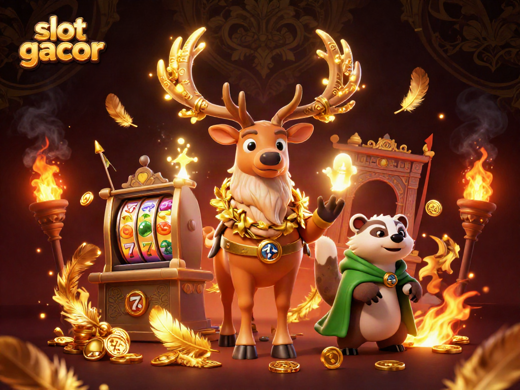Play exciting slot gacor games with vibrant characters and dynamic casino elements depicted in a colorful scene.