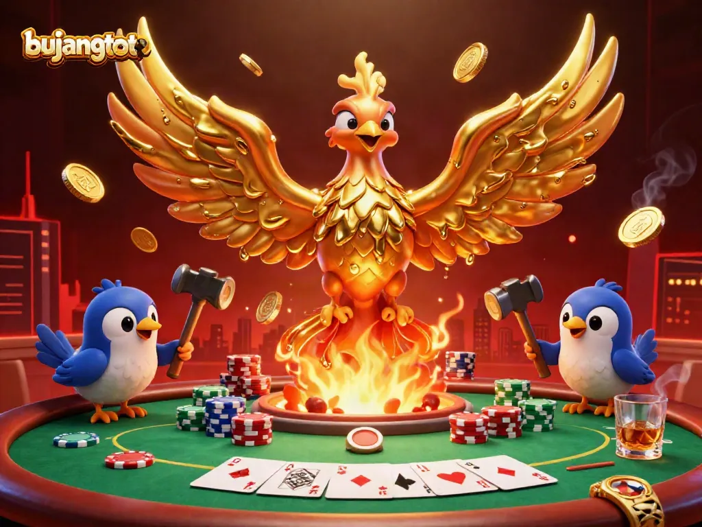 Experience casino action with bujangtoto as a molten phoenix and sparrows bring games to life amidst dynamic poker elements.