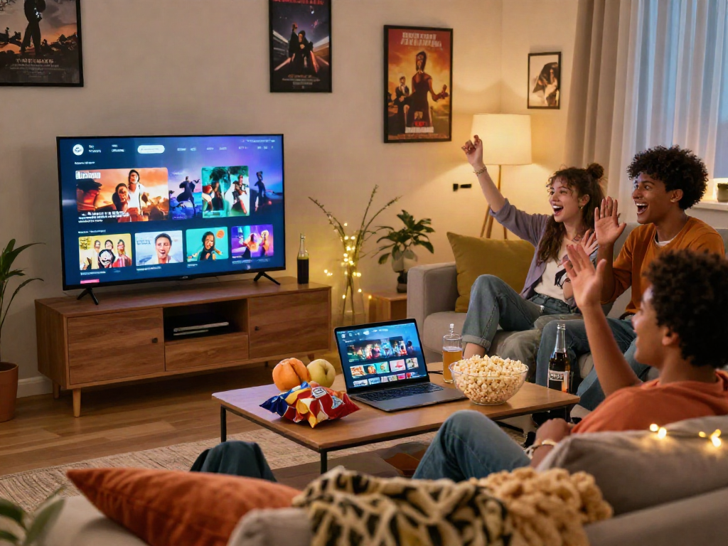 Friends enjoying movie night with cocoflix on a smart TV in a cozy living room