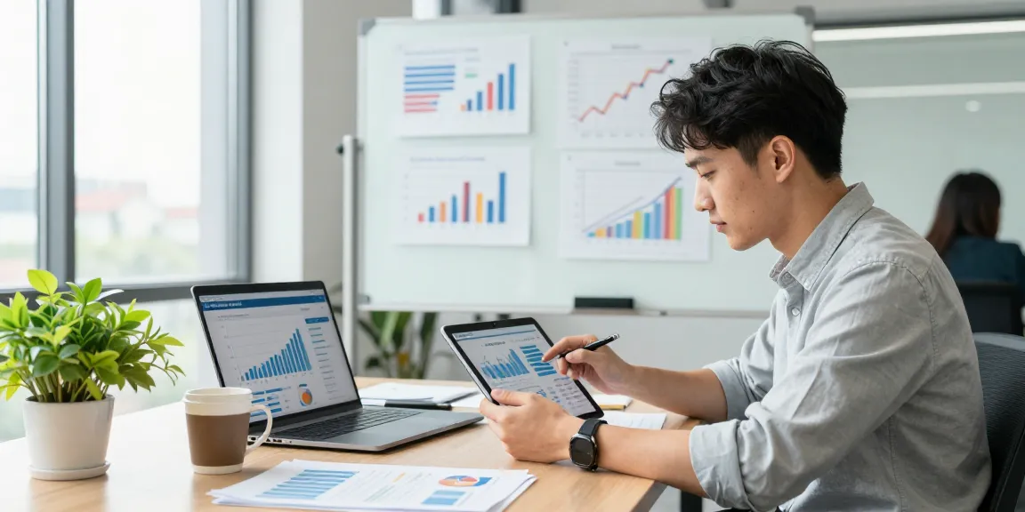 Analyzing market strategies with a business name generator in a modern office