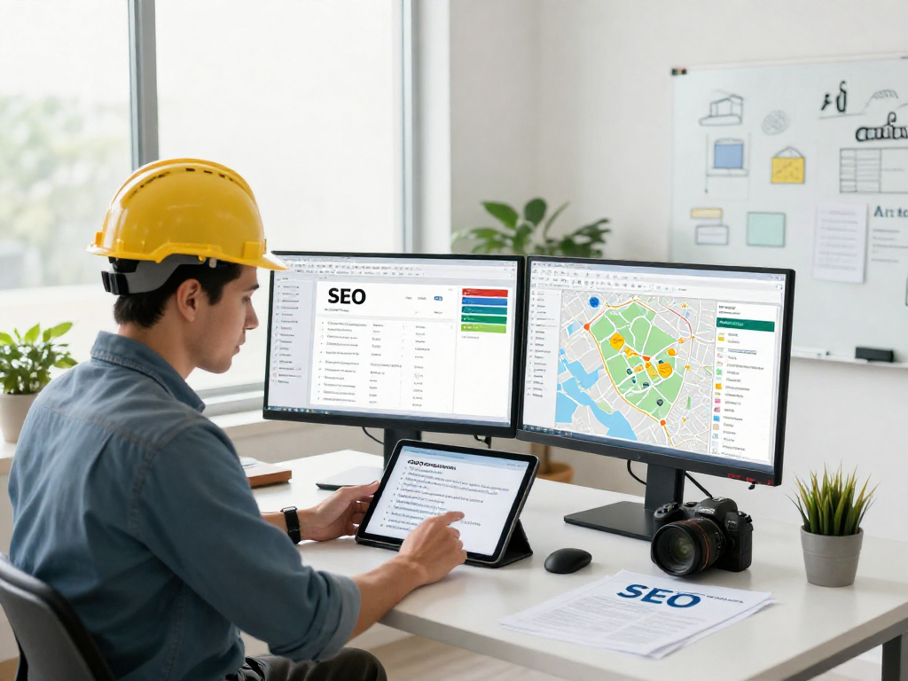Local SEO for contractors strategy session, contractor planning with analytics on dual monitors in a bright office.
