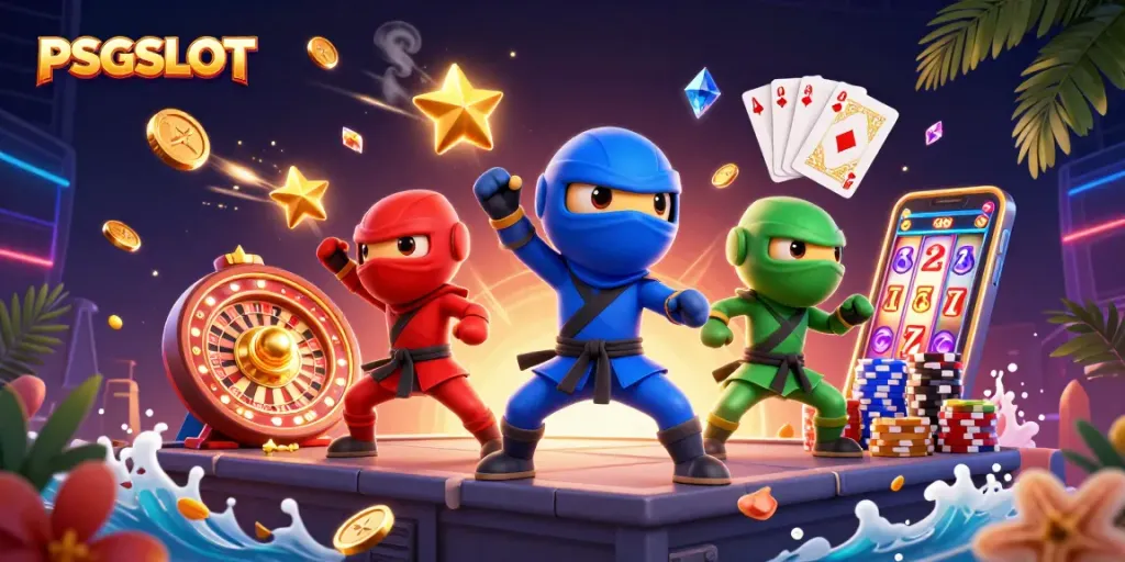 Engage with PSGSLOT gameplay featuring ninja chameleons amid dazzling casino elements.