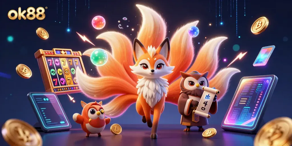 Experience the excitement of ok88 as a vibrant nine-tailed fox interacts with slot machines and crypto coins.