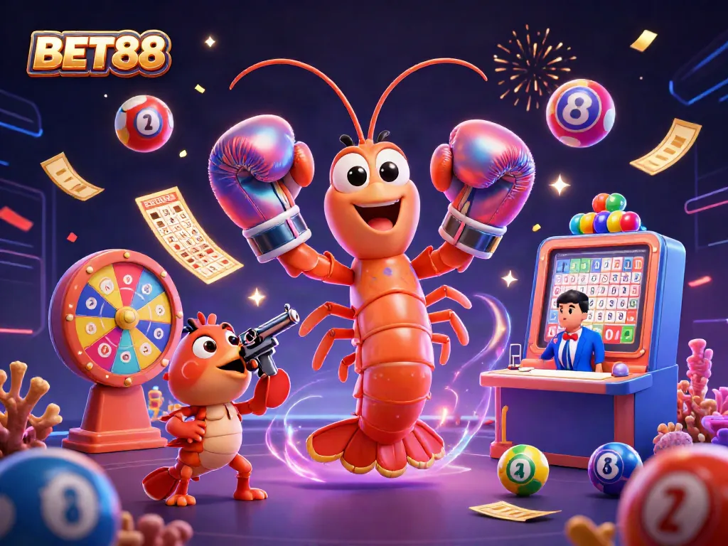 Khám phá BET88 với các nhân vật hải sản trong không gian casino rực rỡ.