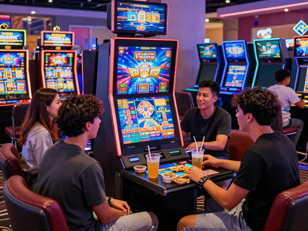 Friends enjoying slot gacor games in a vibrant casino atmosphere