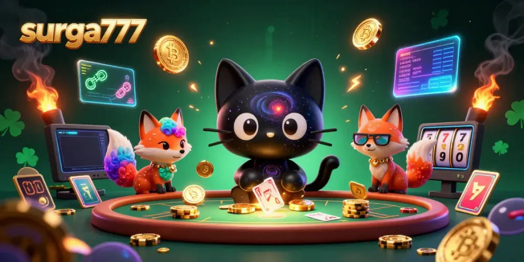 Experience excitement with surga777 as a cosmic cat pulls in chips at a vibrant casino.