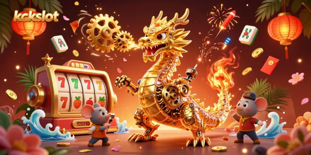 Gambarlah kckslot dengan naga emas dan elemen permainan yang menarik untuk kasino online.