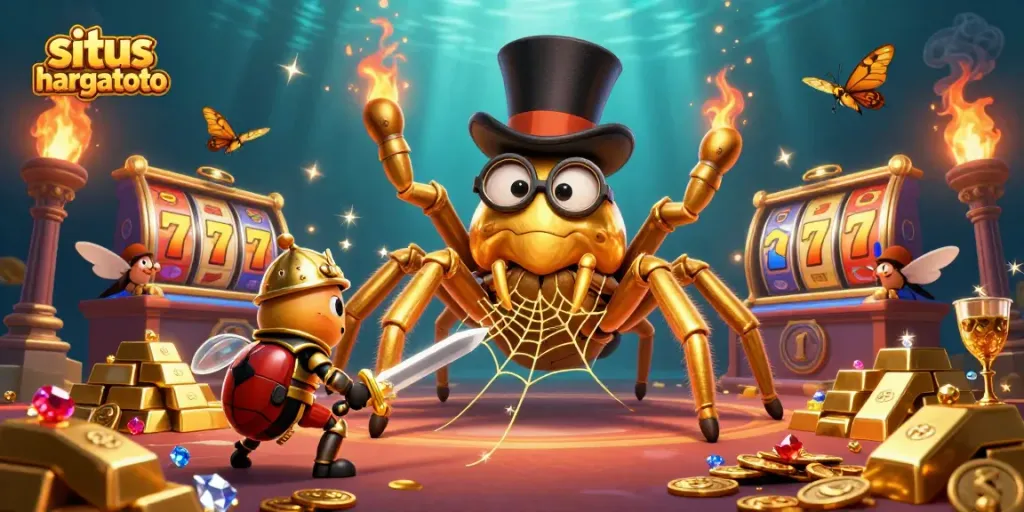 Engage with the exciting situs hargatoto slots scene showcasing a golden tarantula and beetle knight.