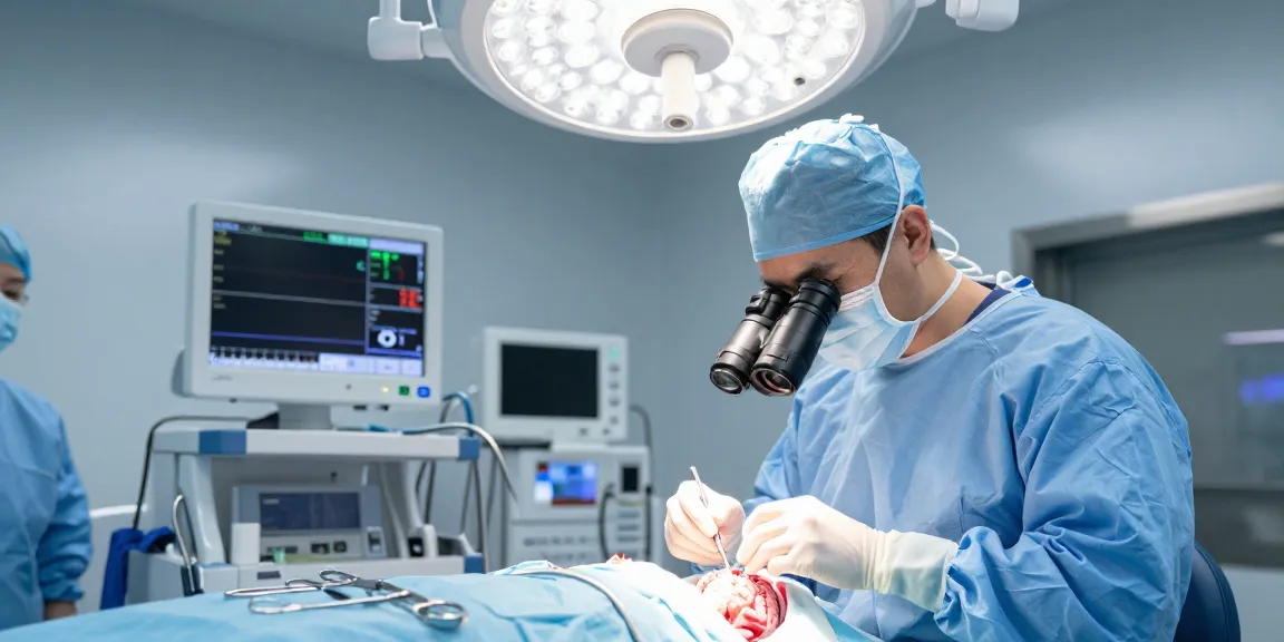 Expert neurosurgeon performing beyin tümörü ameliyatı in a high-tech surgical environment, showcasing precision and advanced equipment.