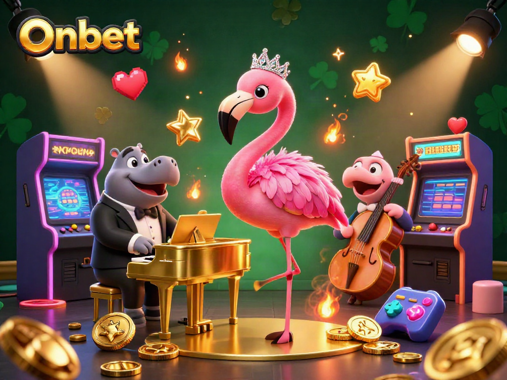 Engage with Onbet's vibrant casino scene featuring musical flamingo and hippo, enhanced by glowing game elements.