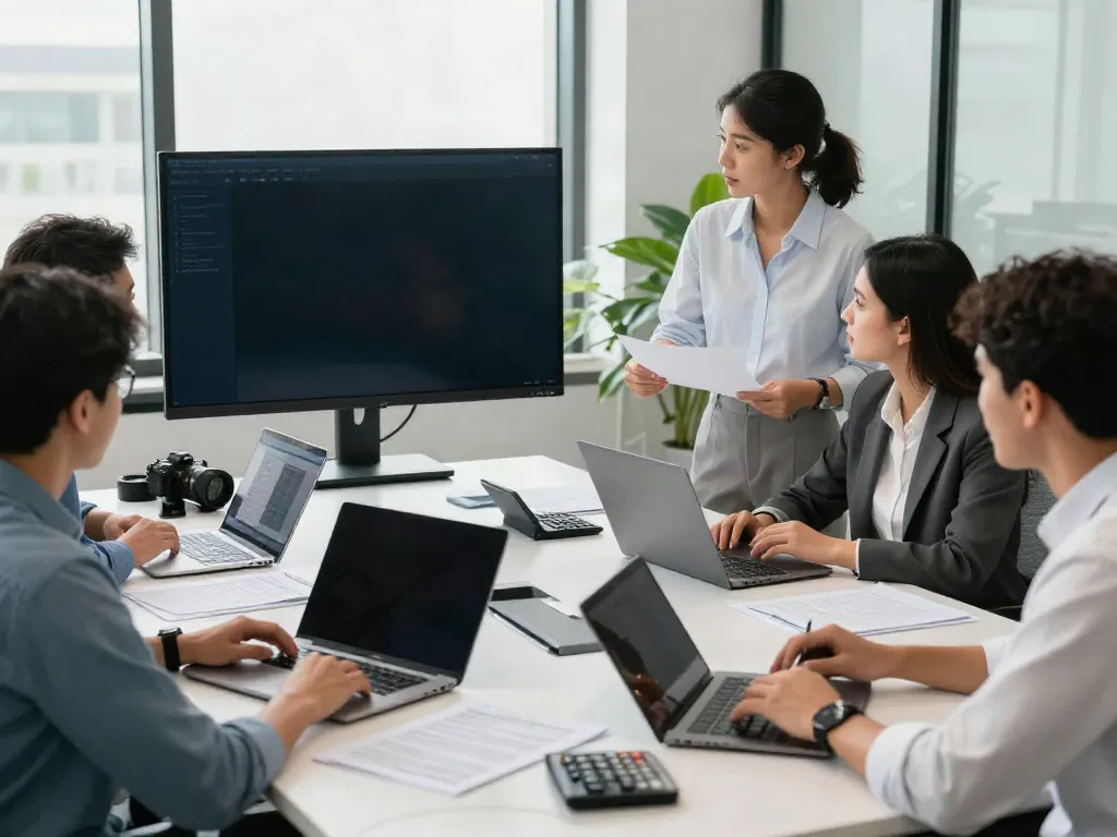A collaborative team showcasing tax software features in a modern office during a presentation about how to become a service bureau.