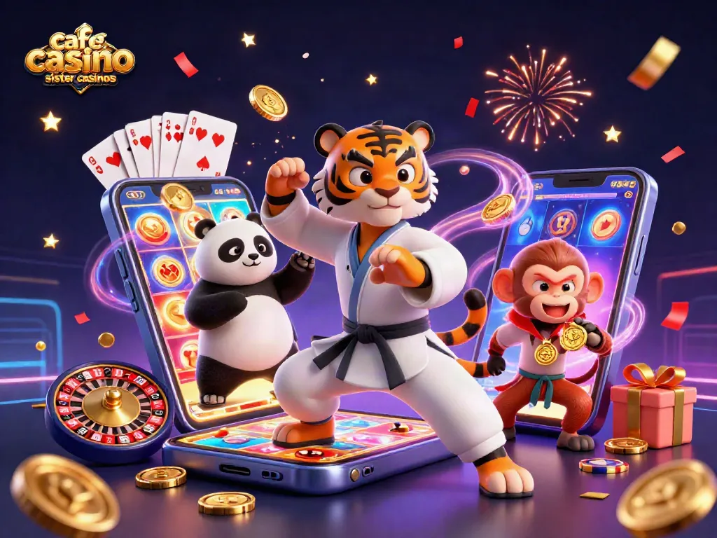Cafe casino sister casinos celebrate exciting wins with colorful slot games, poker chips, and confetti.