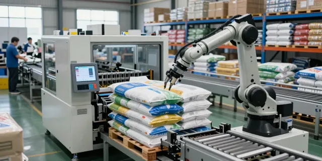 Automatic bag palletizer machine efficiently stacking bags in a modern industrial setting.