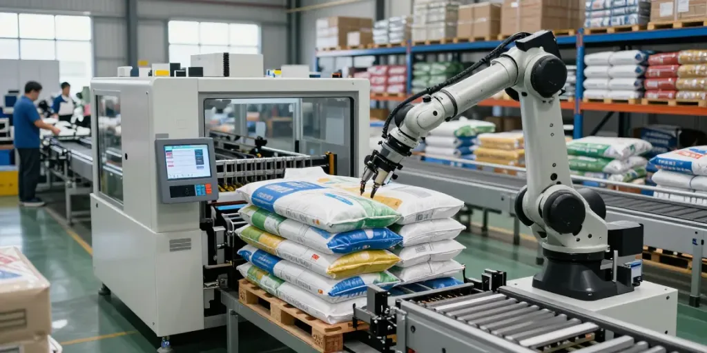 Automatic bag palletizer machine efficiently stacking bags in a modern industrial setting.
