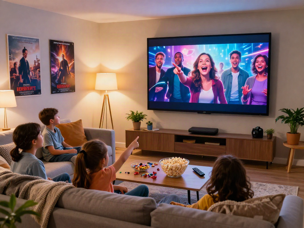 Family enjoying a movie night with Moviebox in a cozy living room
