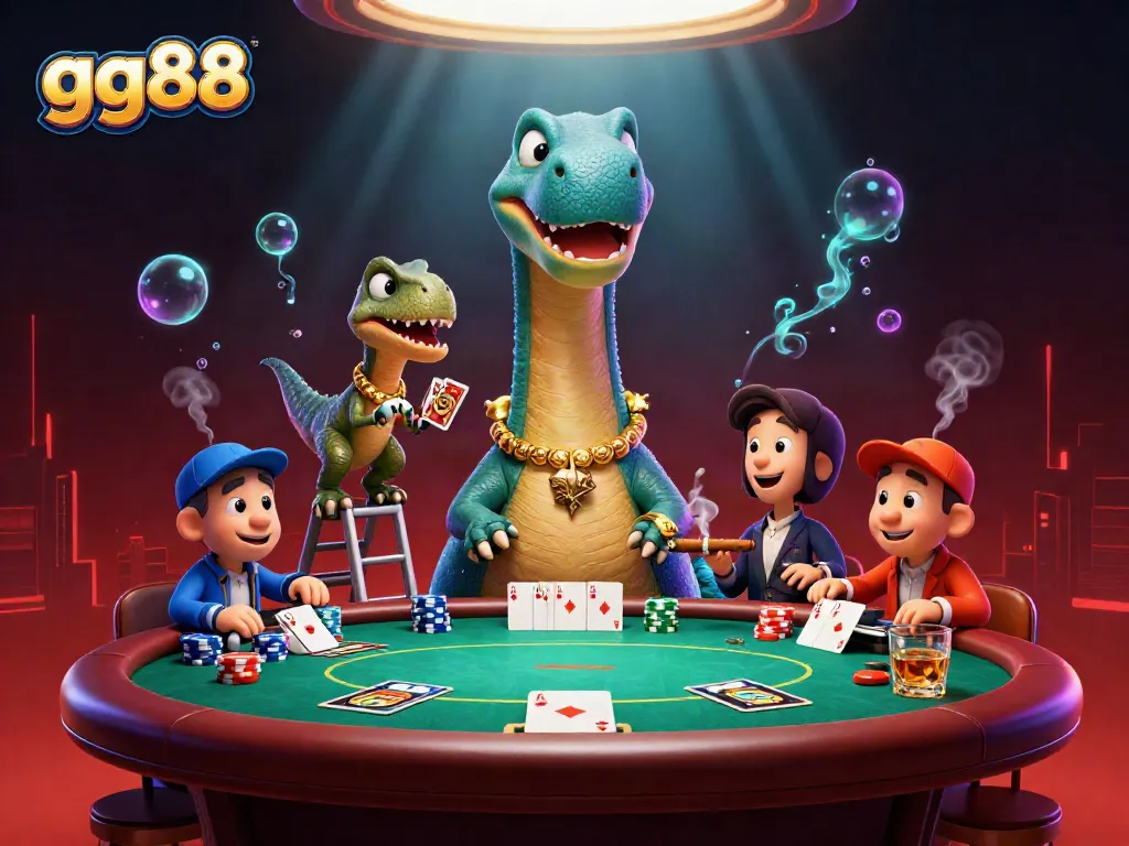 Action-packed casino scene where the gg88 brontosaurus watches a clever raptor deal cards at a vibrant poker table.