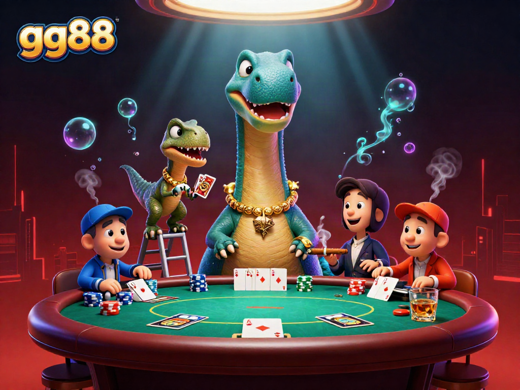 Action-packed casino scene where the gg88 brontosaurus watches a clever raptor deal cards at a vibrant poker table.