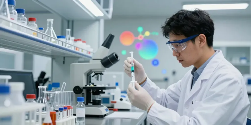 Preparing the glow70 peptide in a modern laboratory setting with scientific equipment.