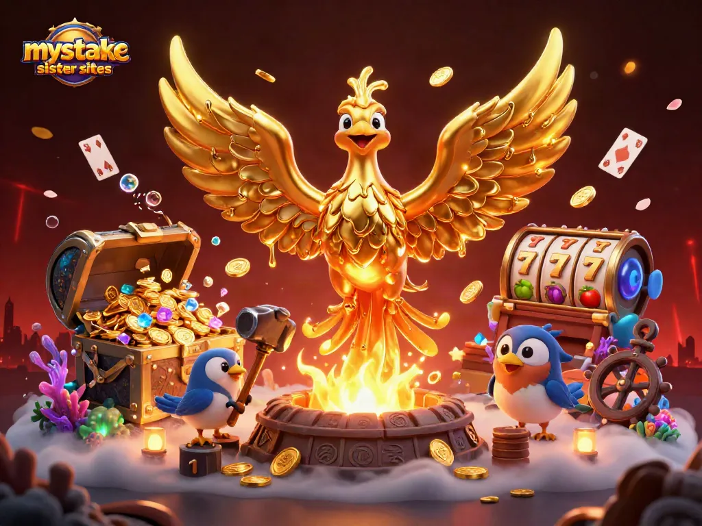 Win big with the vibrant atmosphere of mystake sister sites illustrated through golden coins and game symbols.