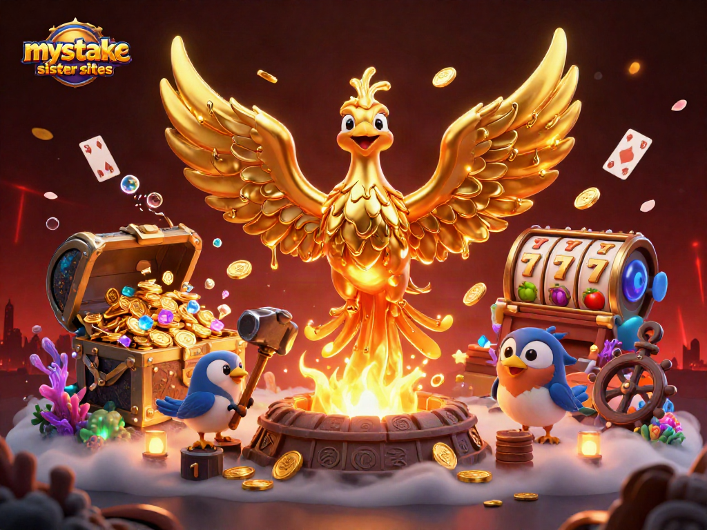 Win big with the vibrant atmosphere of mystake sister sites illustrated through golden coins and game symbols.