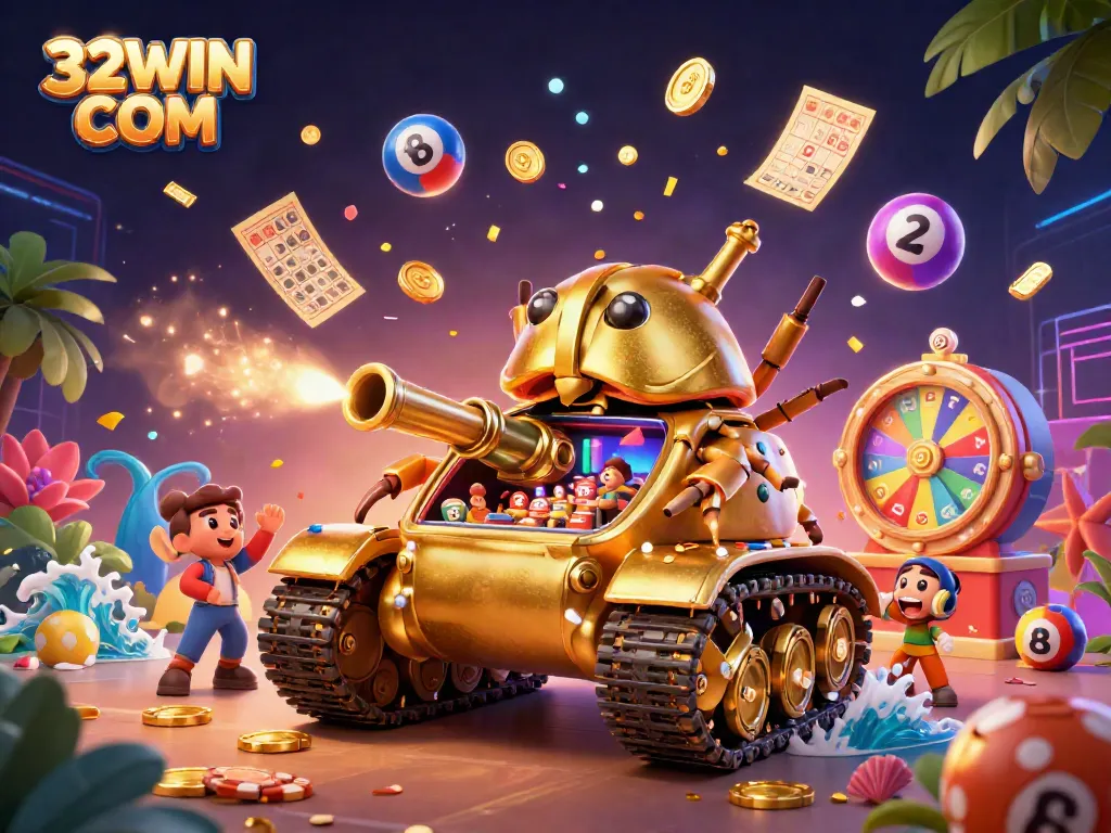 Experience the excitement of 32WIN COM with a vibrant casino scene featuring a fun tank and colorful games.