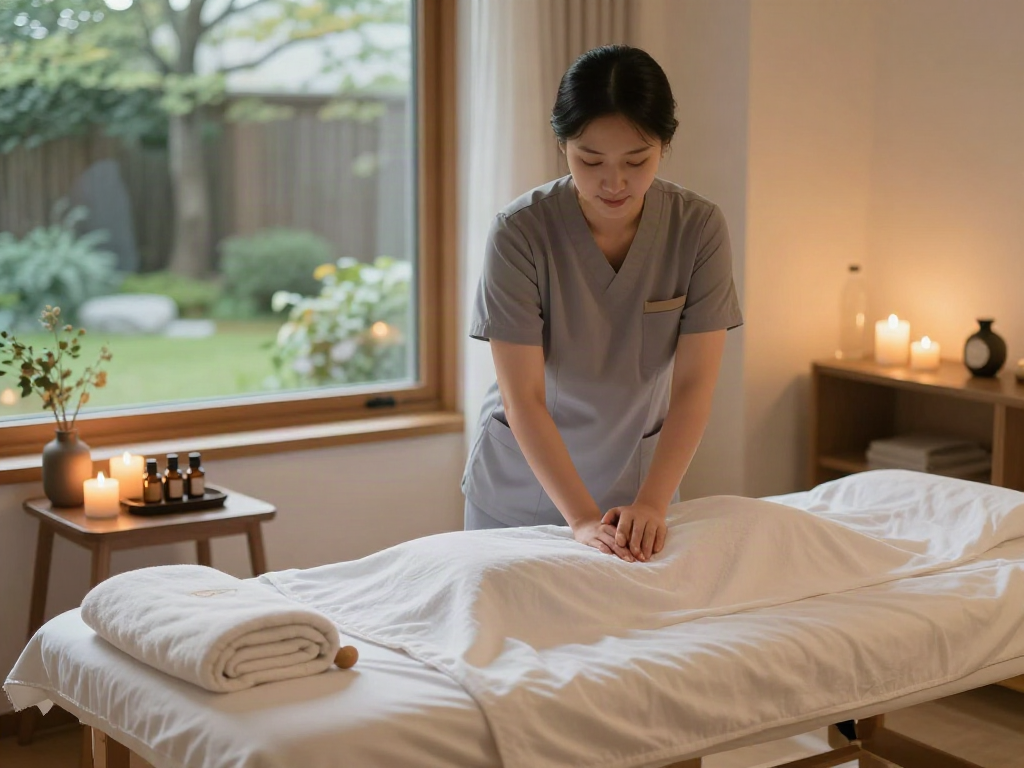 Experience soothing 양천구출장안마 services in a tranquil home setting, showcasing a professional massage therapist in action.