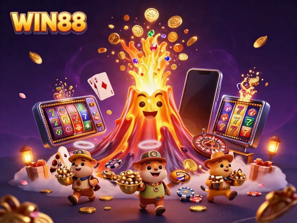 Feel the excitement of WIN88 with a lively 3D scene of a golden volcano erupting coins and treasures.