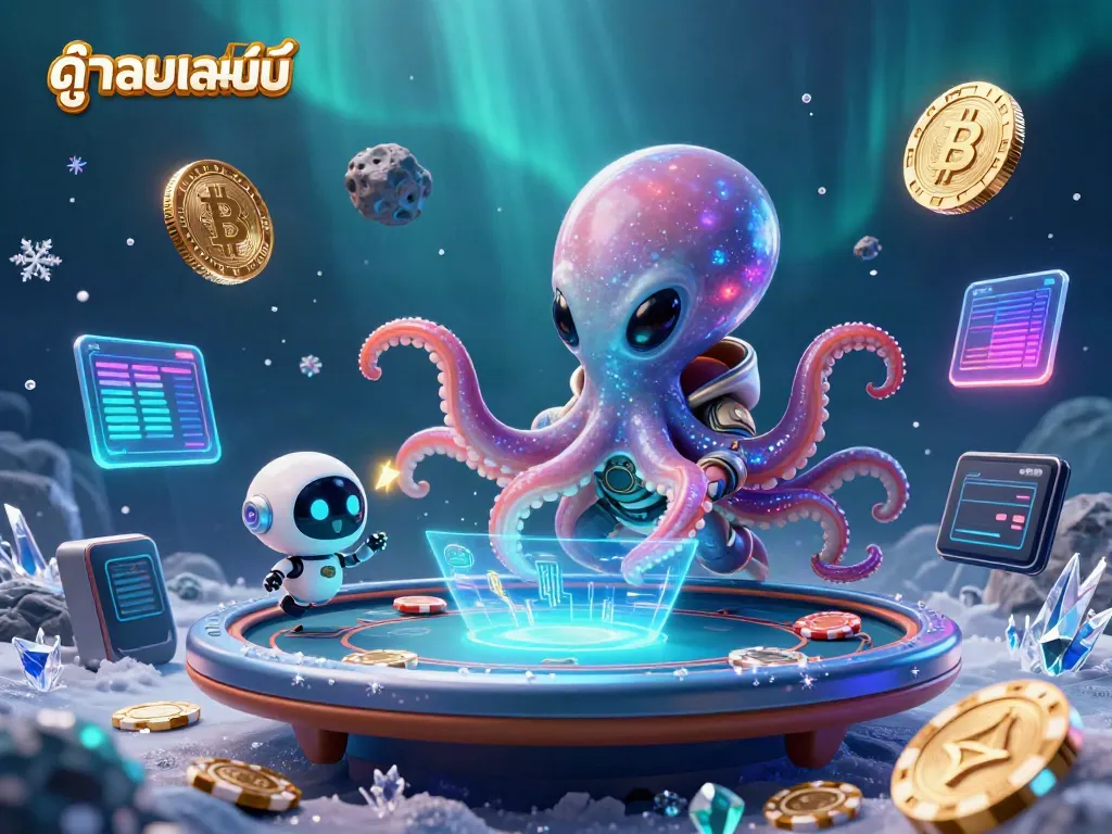 Experience ดูบอลออนไลน์ with an alien octopus running a holographic poker table, surrounded by cosmic poker elements.