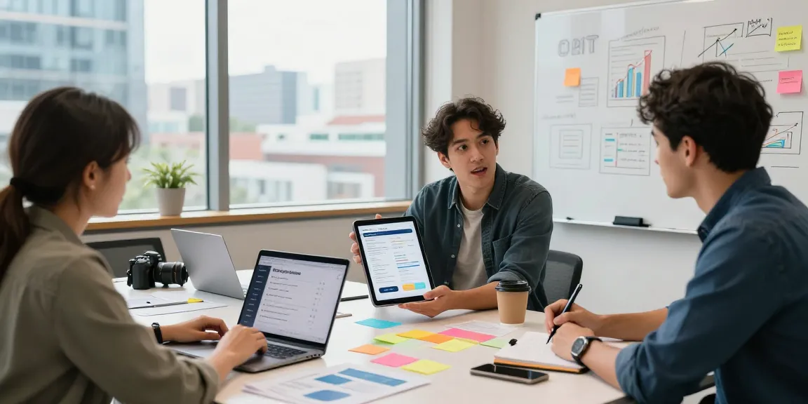 Buy app downloads through a collaborative marketing session showcasing diverse professionals strategizing app growth.