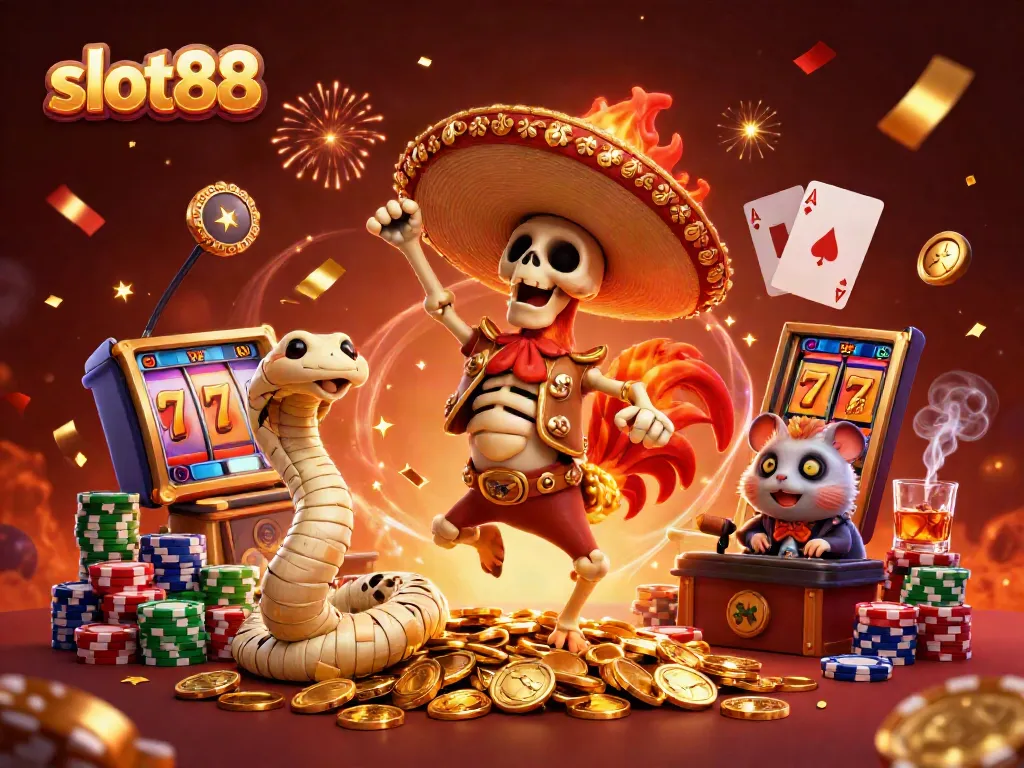 Celebrate big wins with slot88 featuring a mariachi rooster, mummy snake, and a zombie hamster DJ in a lively casino atmosphere.