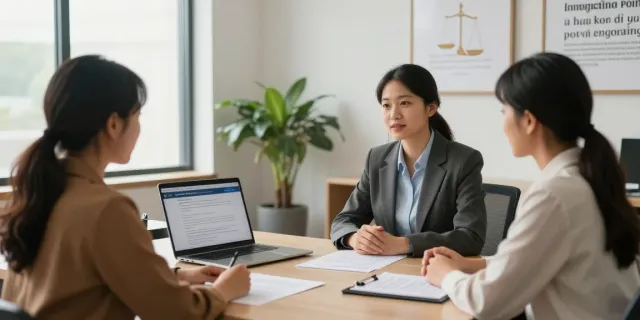 Find immigration attorney consulting couple in a modern legal office.