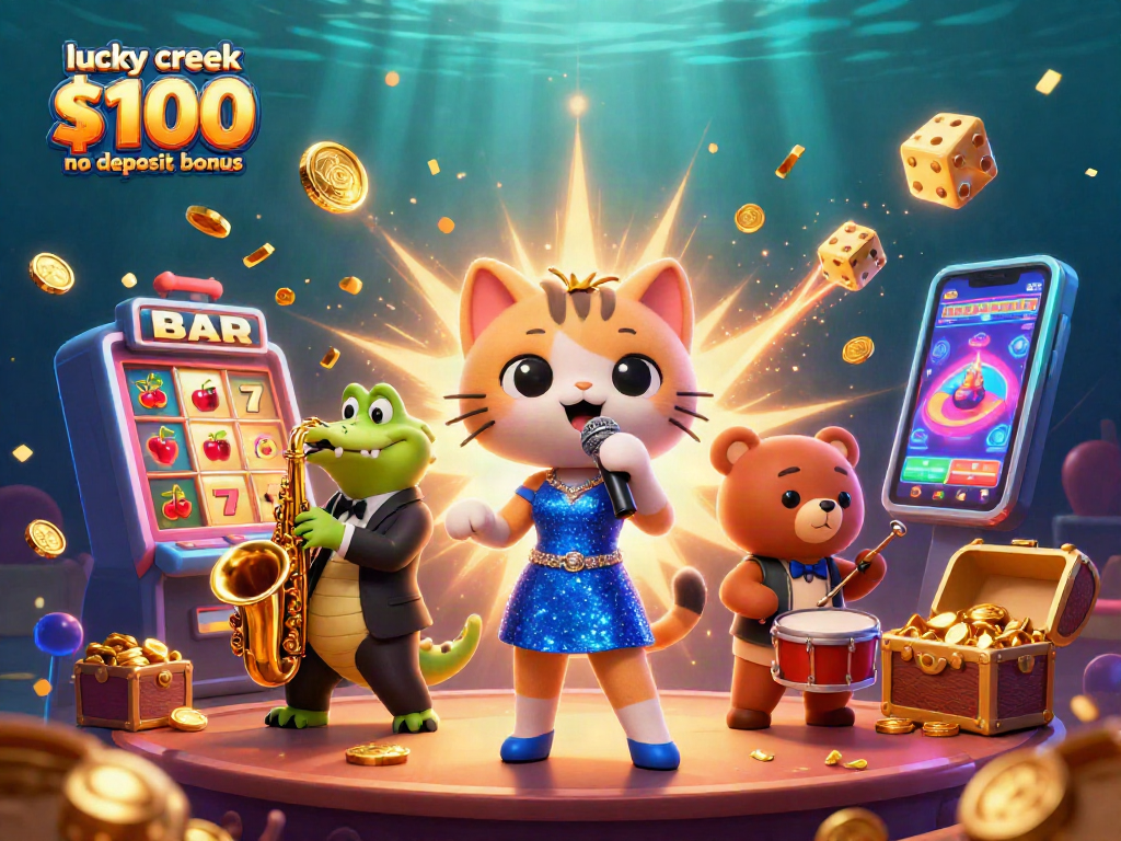 Engage with lucky creek $100 no deposit bonus through vibrant 3D casino illustration featuring whimsical characters.