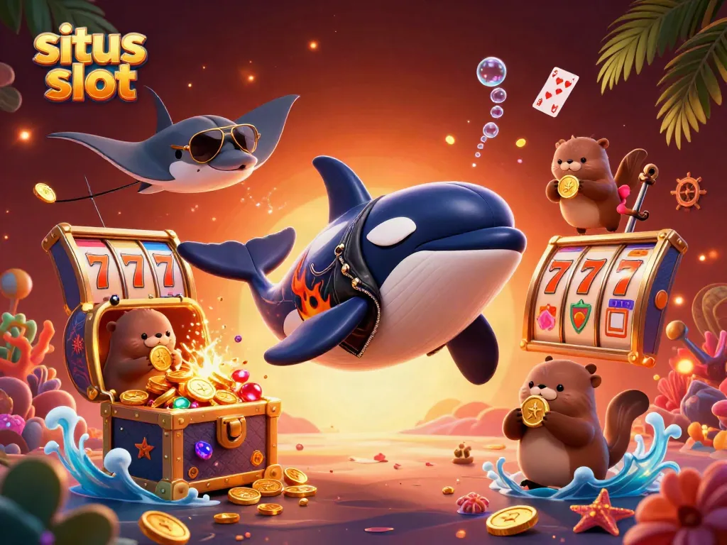 Experience the excitement of situs slot with a vibrant illustration featuring sea creatures in a dynamic casino scene.