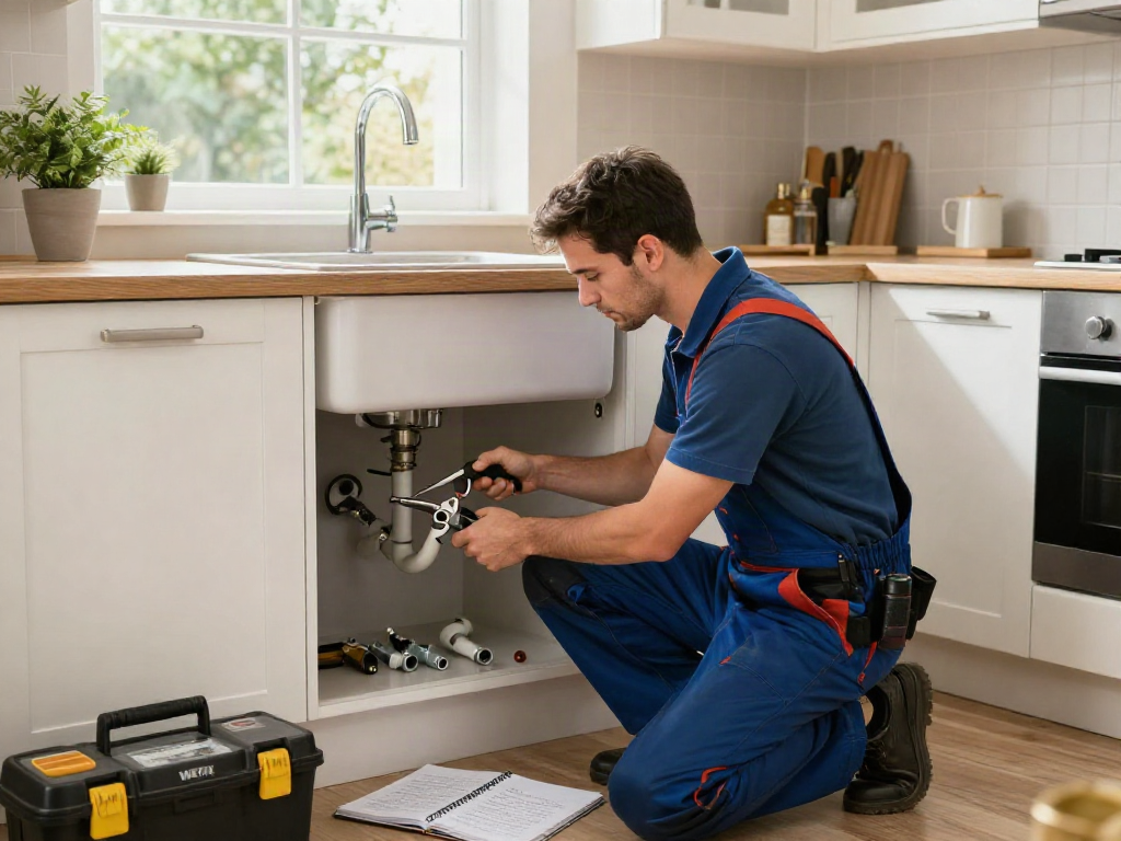 WEFIX London plumber repairing under a kitchen sink with a professional setup, showcasing skilled workmanship.