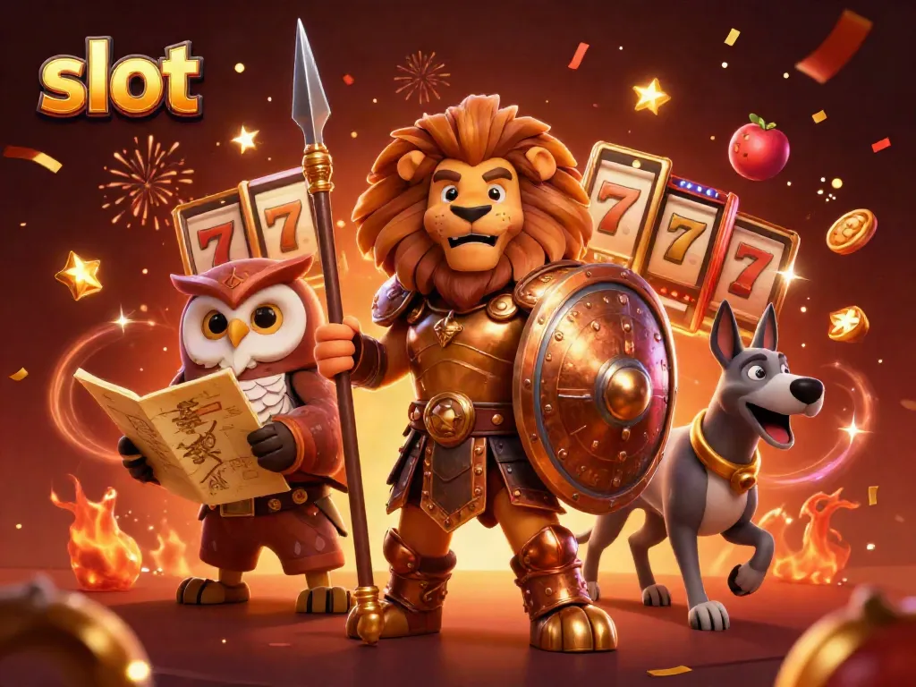 Menggoda para pemain slot dengan slot reel, simbol buah, dan jackpot di tengah suasana meriah dan pahlawan 3D.
