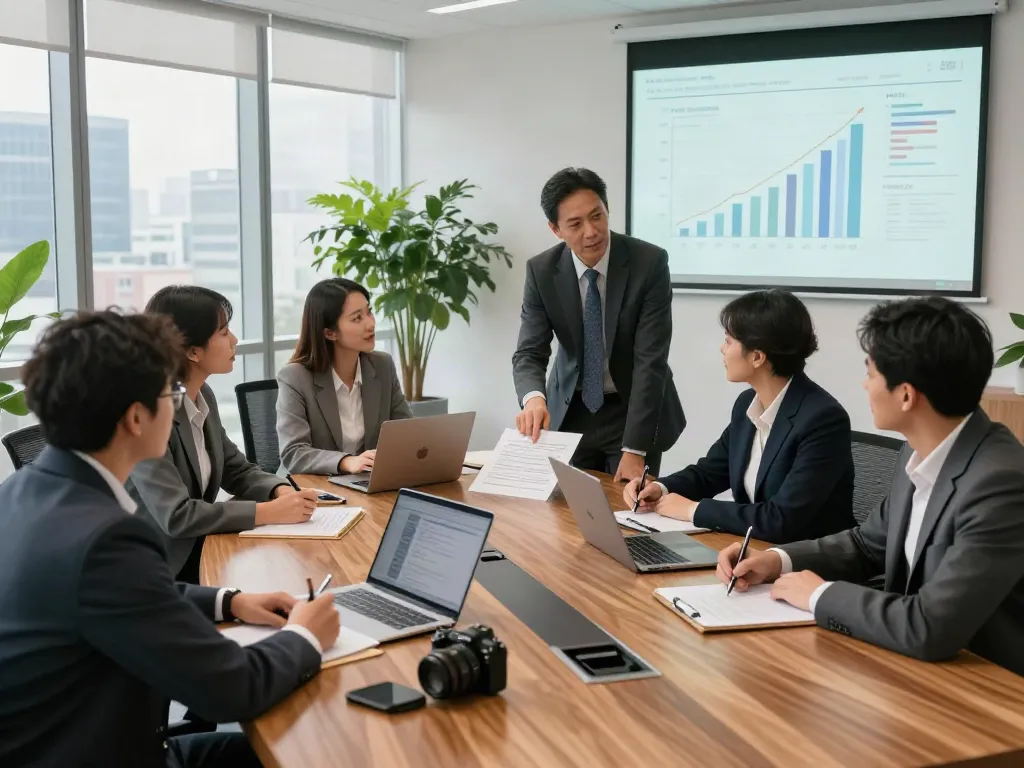 Legal consulting team discussing strategies for Lead Roedl in modern office