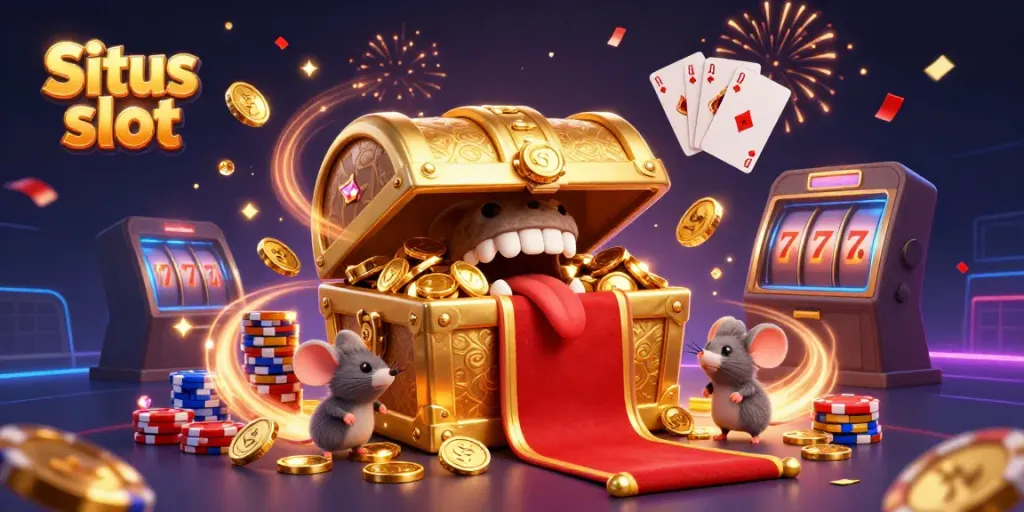 Engage with Situs slot gameplay featuring a whimsical treasure chest and vibrant casino elements