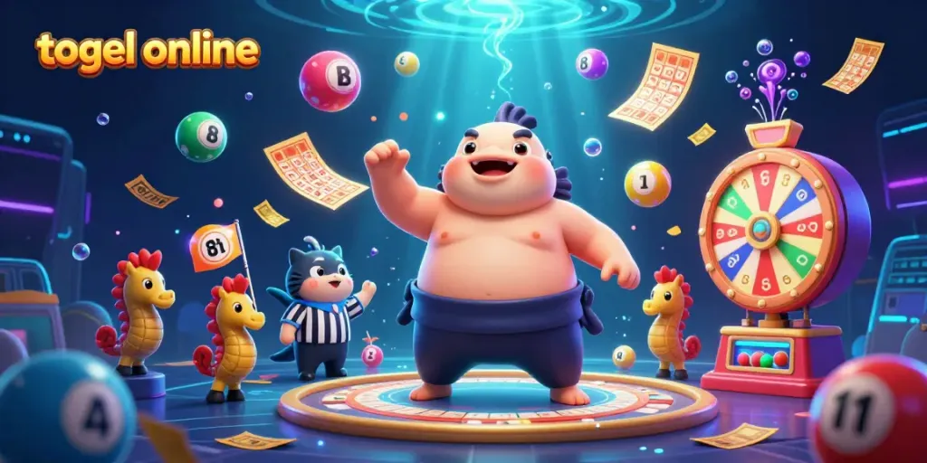 Ikonografi togel online dengan ikan fugu dan wasit ikan lele dalam ilustrasi 3D bawah air yang dinamis