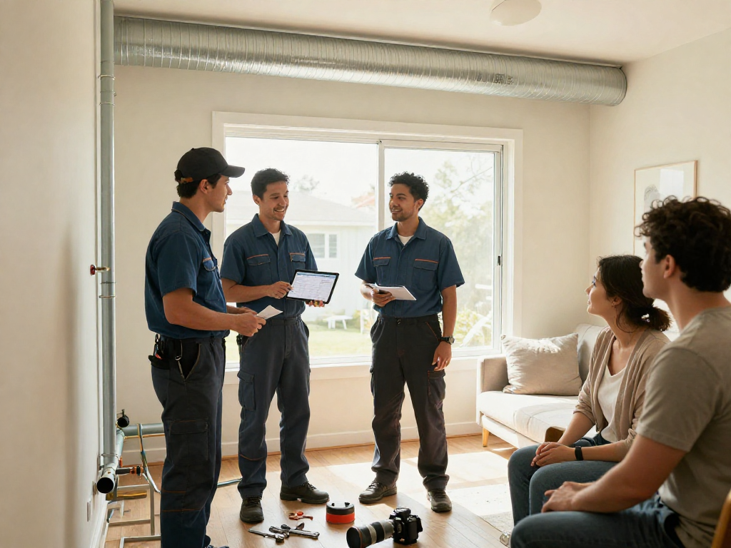 HVAC SEO company team of technicians collaborating on installation project with satisfied customers
