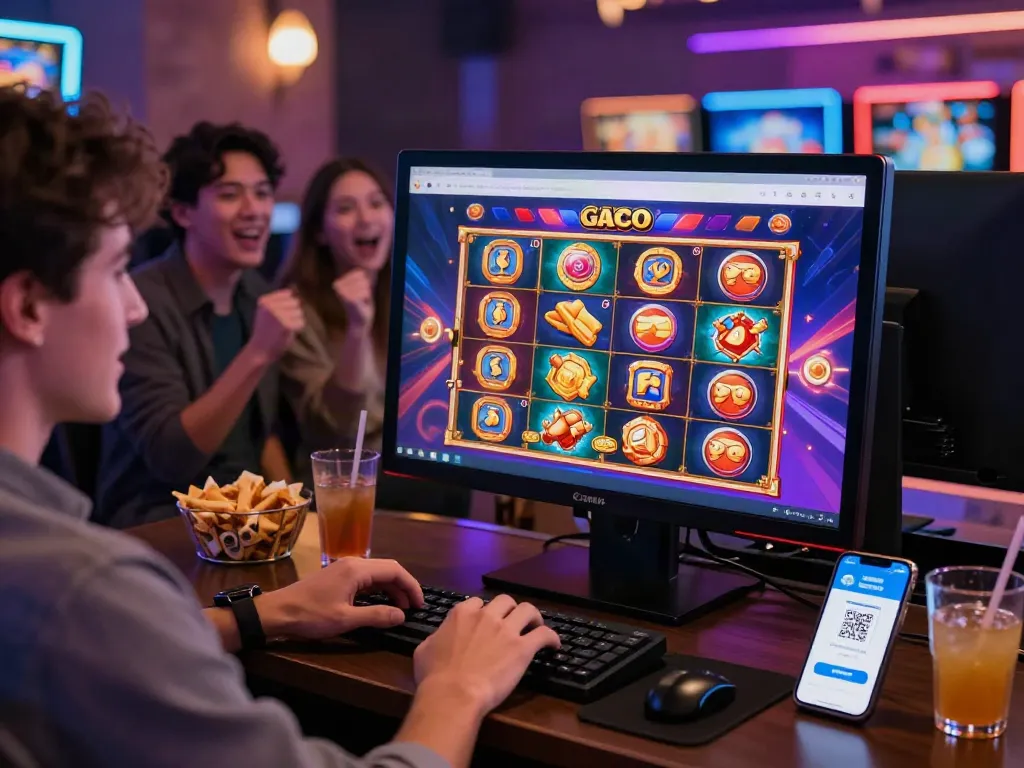 Experience slot online gacor with vibrant gaming graphics and quick QRIS deposits in a modern gambling setup.