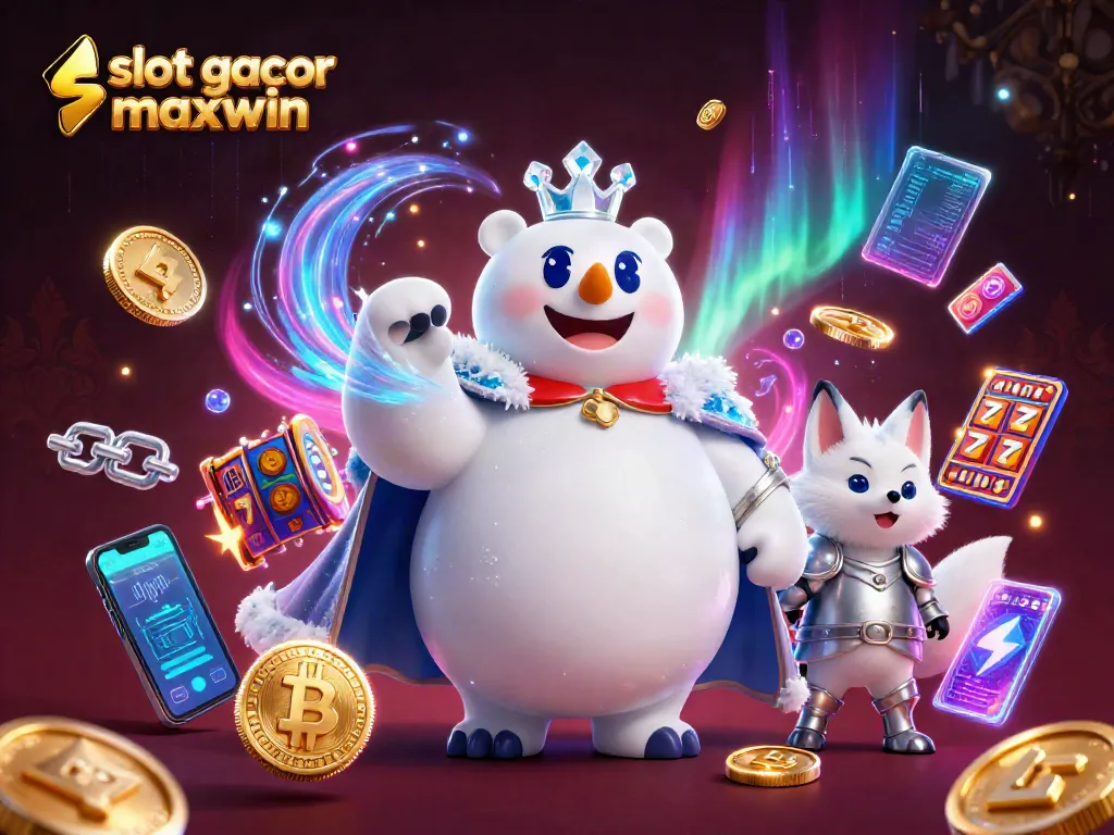 Experience slot gacor maxwin with an interactive, vibrant 3D casino scene showcasing gaming elements and characters.