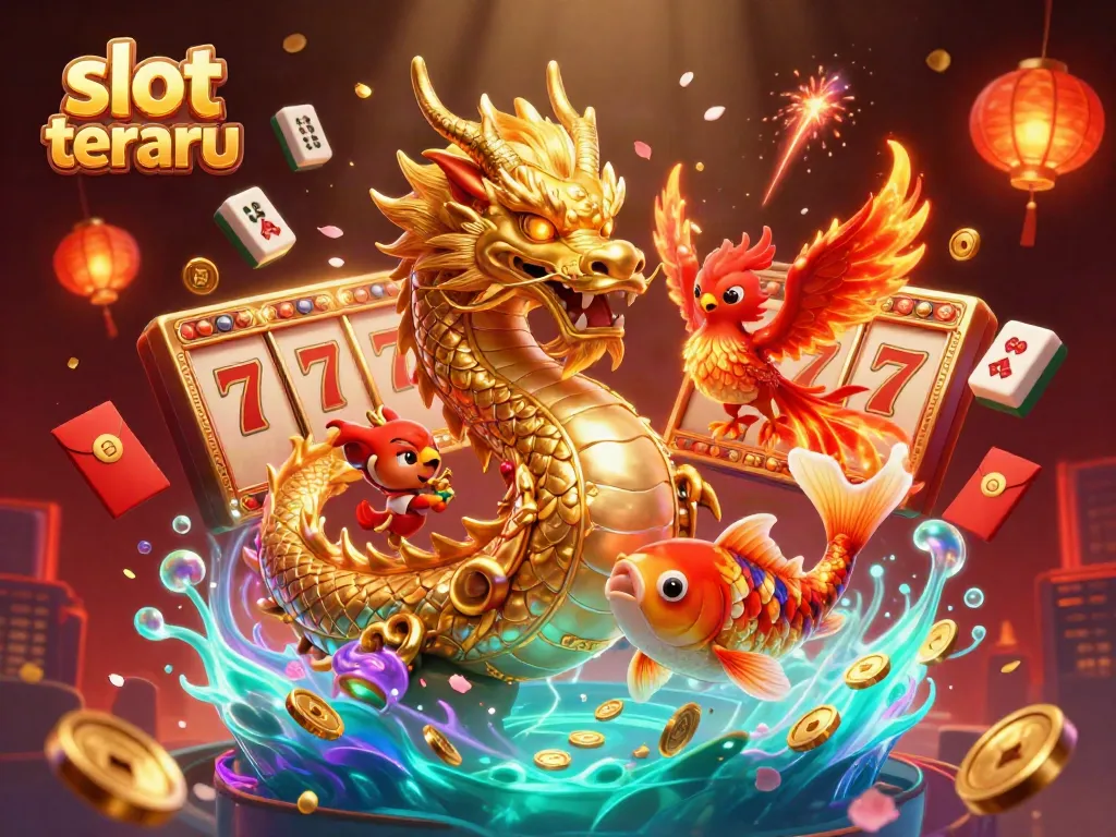 Gambarkan pengalaman menarik bermain slot terbaru dengan naga emas dan koin keberuntungan.