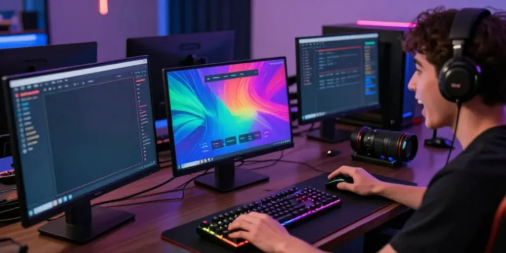 User engaging with a situs togel gaming platform, showcasing excitement and strategic play in a vibrant online gaming setup.