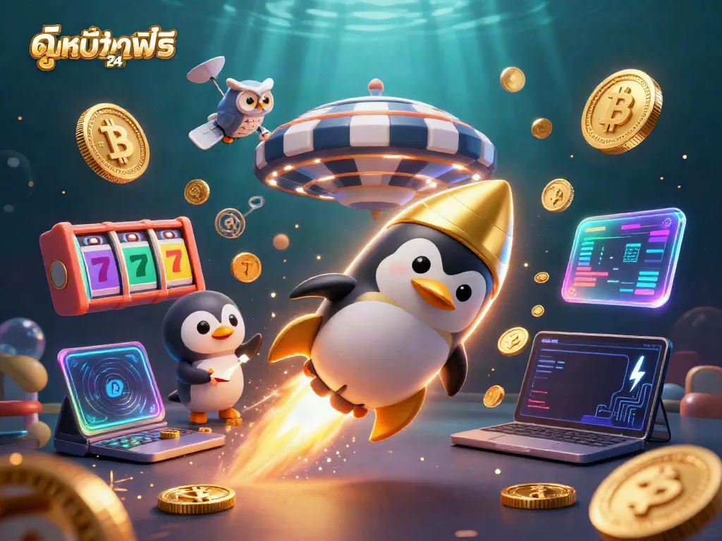 Gamble your way to fun with ดูหนังออนไลน์ฟรี 24 ชั่วโมง, featuring a golden penguin space adventure amidst casino elements.