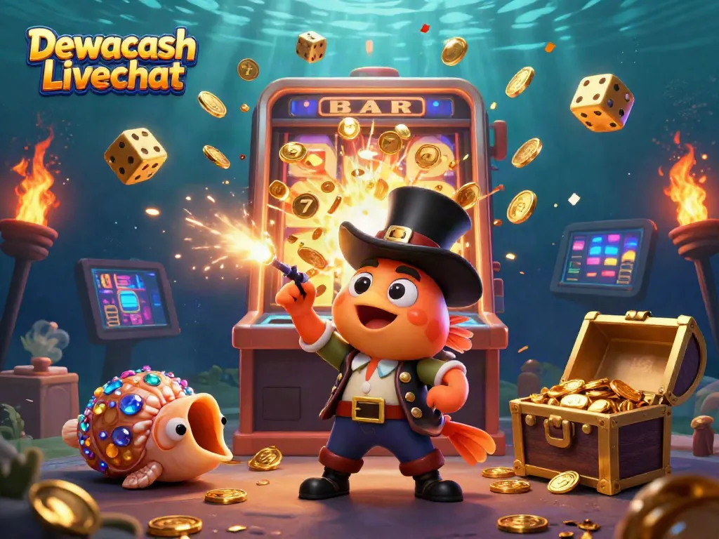 Dewacash Livechat-themed casino illustration showcasing vibrant characters and slot machine elements to attract players.