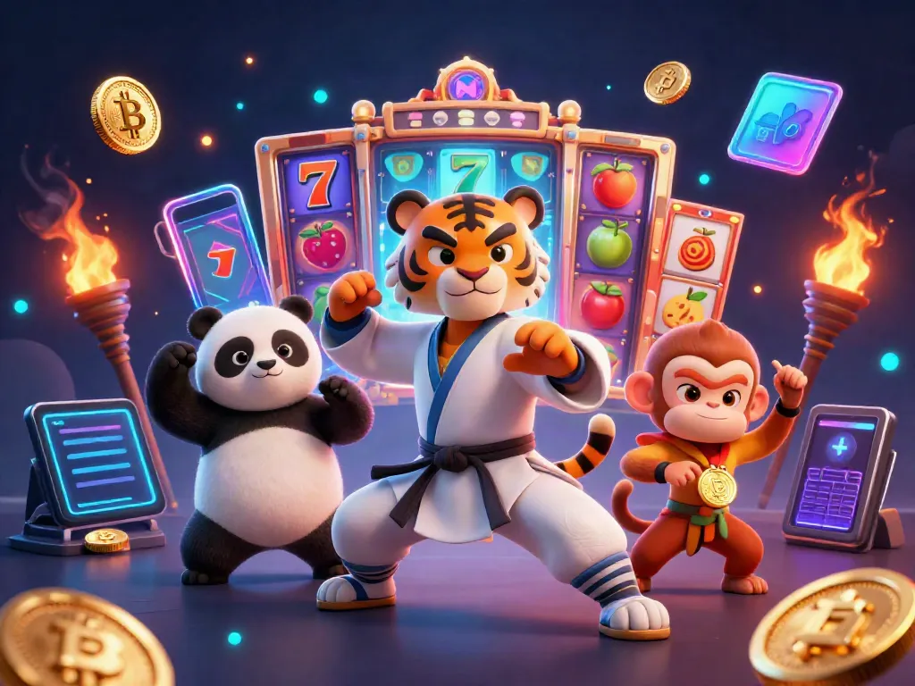Engaging cartoon scene showcasing a kung fu tiger master and panda, surrounded by vibrant slot symbols and cryptocurrency elements.