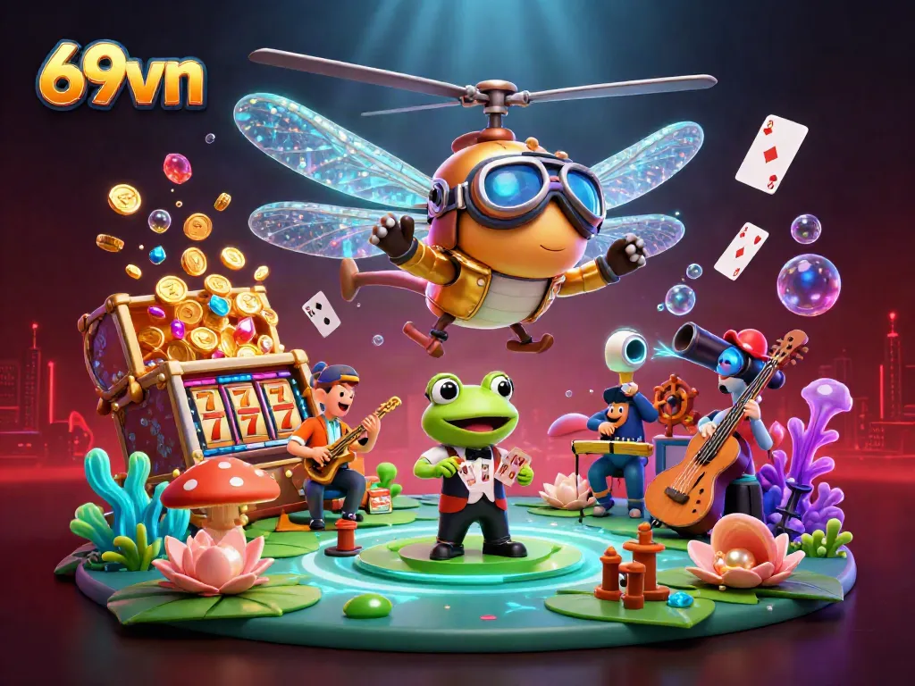 Engage in thrilling games at 69vn with a captivating underwater casino scene featuring a dragonfly pilot and frog dealer.