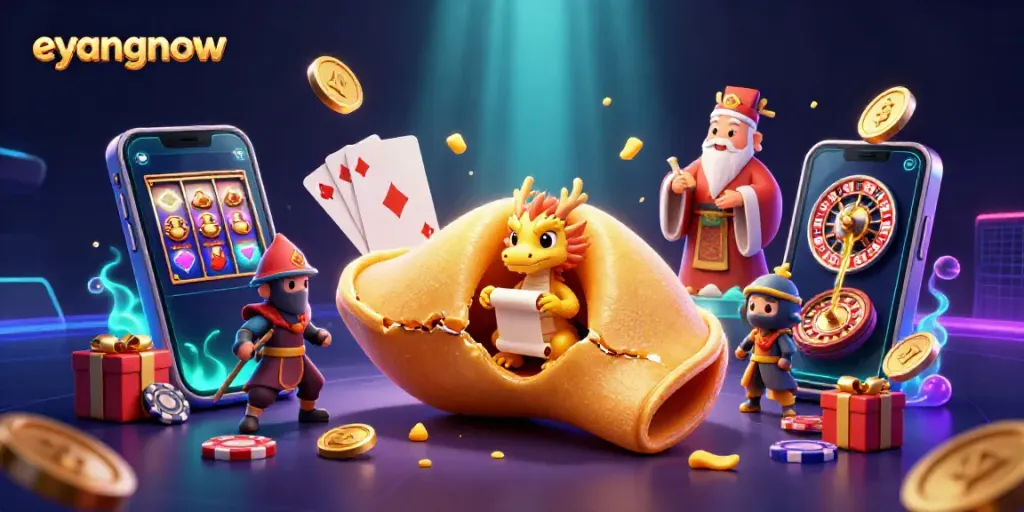 Eyangnow displays colorful slot games and golden treasures in a vibrant online gambling scene.