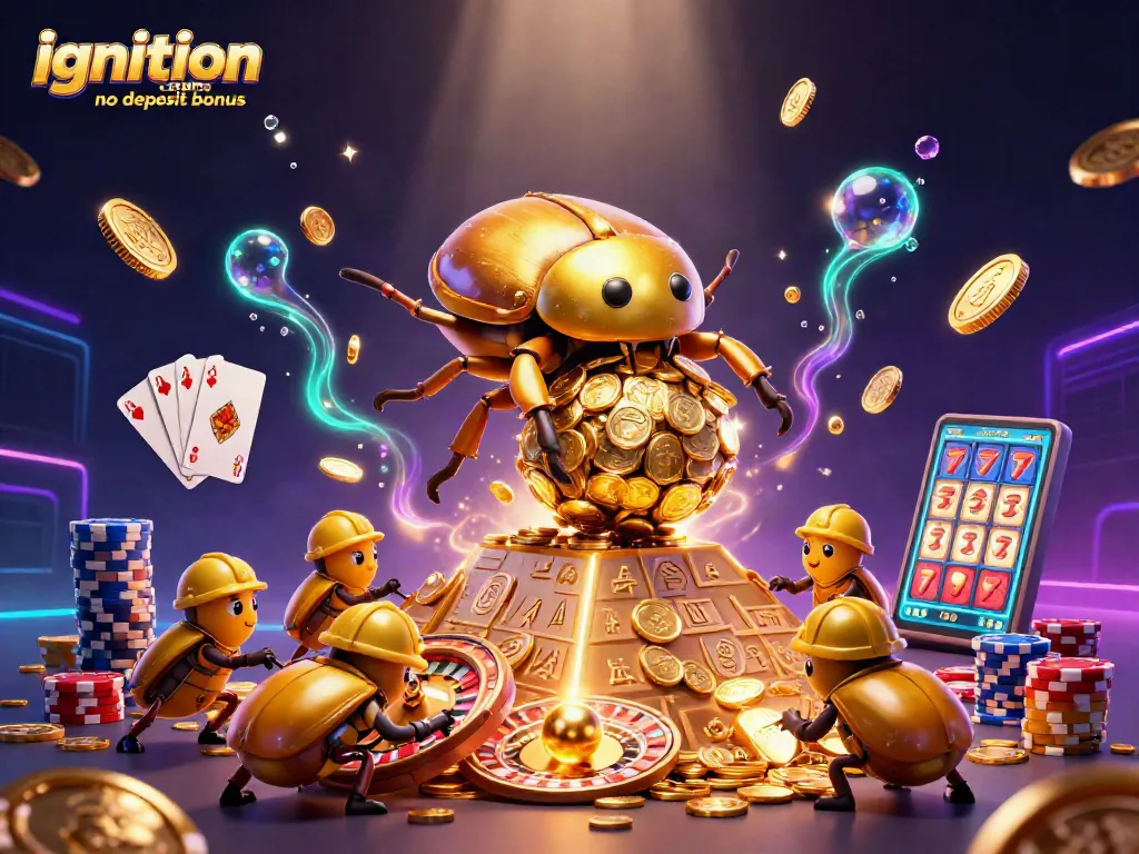 Ignition casino no deposit bonus visualizing massive beetles rolling golden coins with vibrant casino elements.